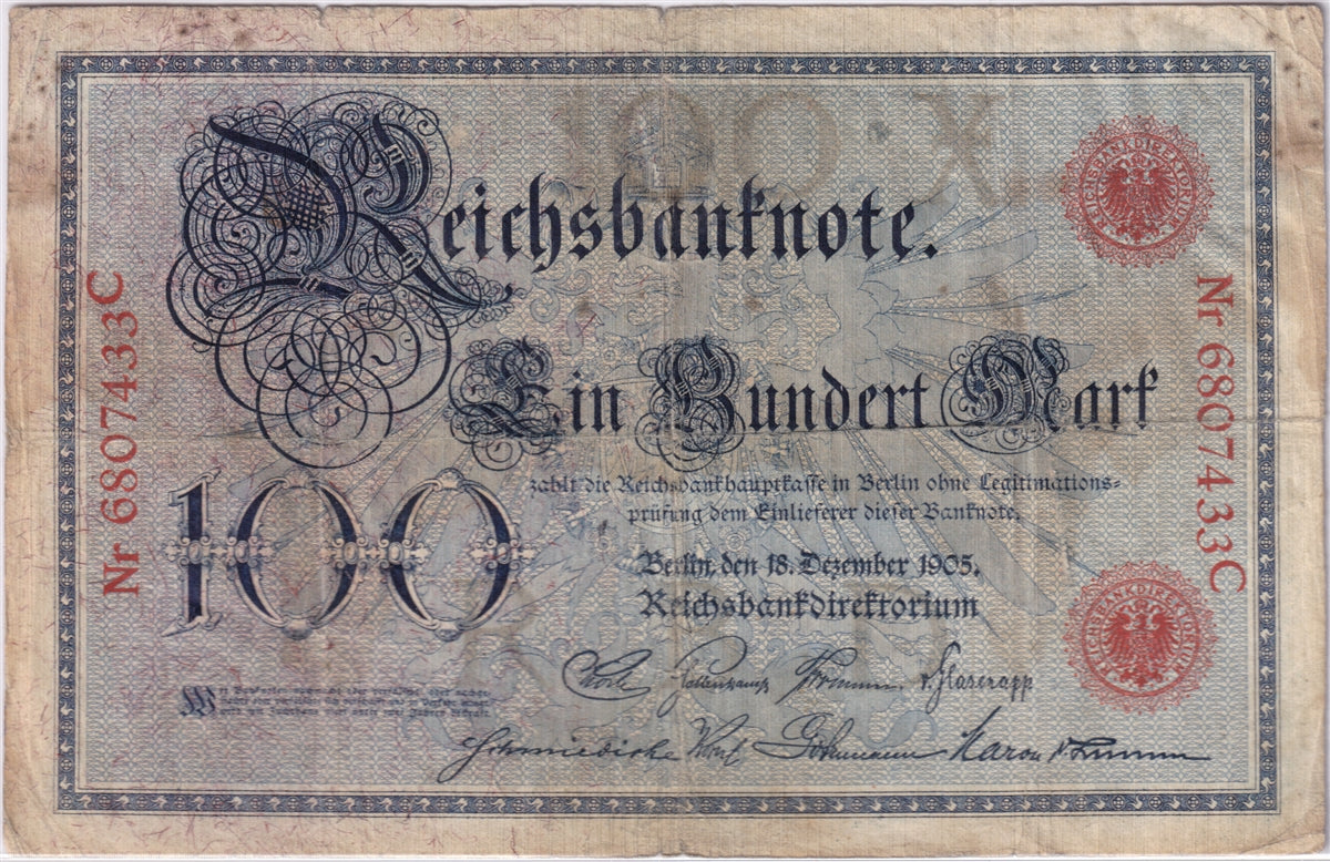 Germany 1905 100 Mark Note, Pick #24, F (soiling)