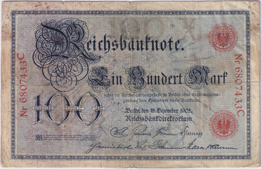 Germany 1905 100 Mark Note, Pick #24, F (soiling)