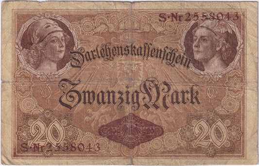 Germany 1914 20 Mark Note, Pick #48a, VG-F (Damaged)