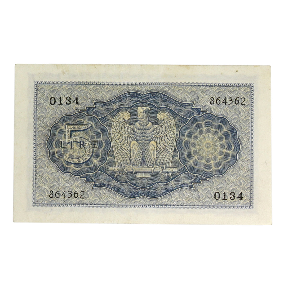 Italy 1940 5 Lire Note, Pick #28, AU