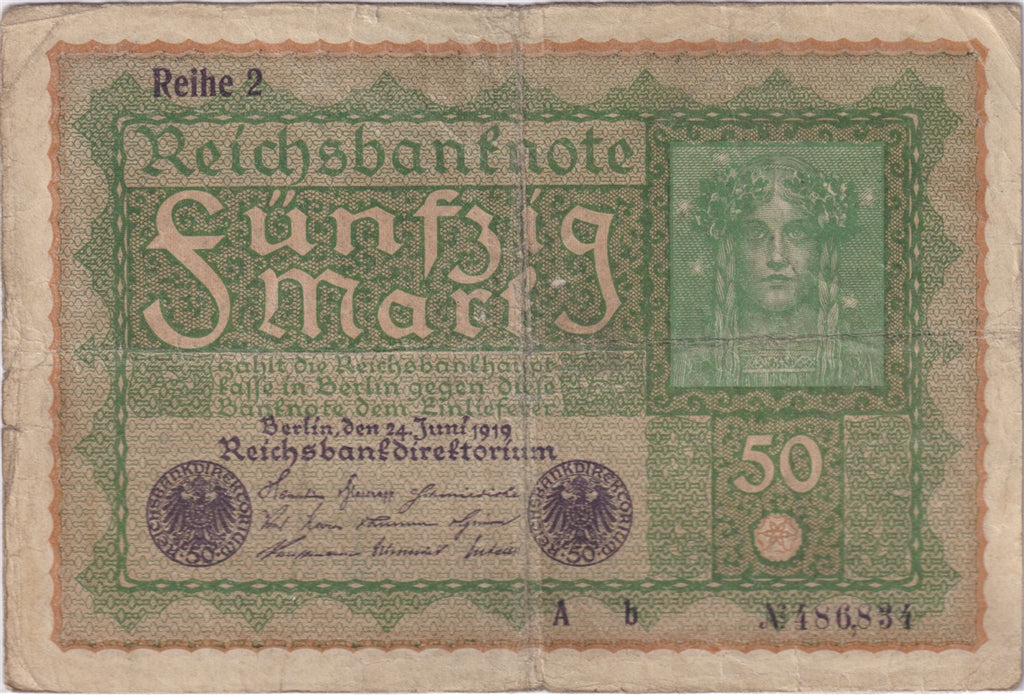 Germany 1919 50 Mark Note, Pick #66, F (Tears)