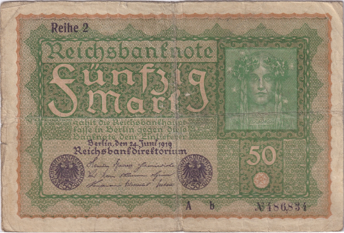Germany 1919 50 Mark Note, Pick #66, F (Tears)
