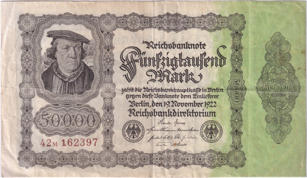 Germany 1922 50,000 Mark Note, Pick #79, VF (Stain)