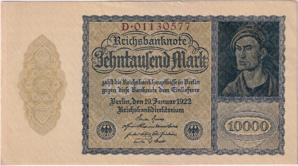 Germany 1922 10,000 Mark Note, Pick #72, AU (tear)