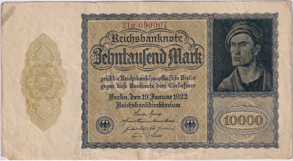 Germany 1922 10,000 Mark Note, Pick #72, VF (stain)