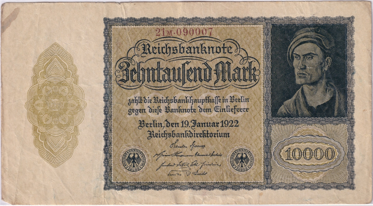 Germany 1922 10,000 Mark Note, Pick #72, VF (stain)