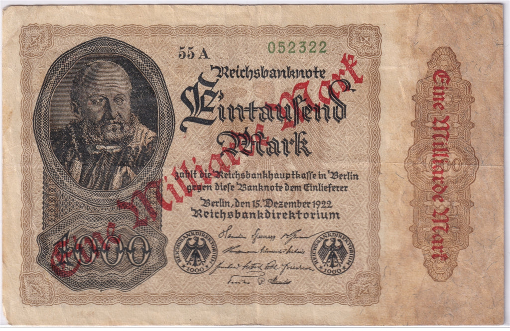 Germany 1922 1 Billion Mark Note, Pick #113a, VF (damaged)