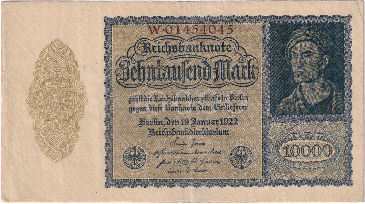 Germany 1922 10,000 Mark Note, Pick #72, VF-EF