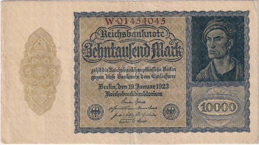 Germany 1922 10,000 Mark Note, Pick #72, VF-EF