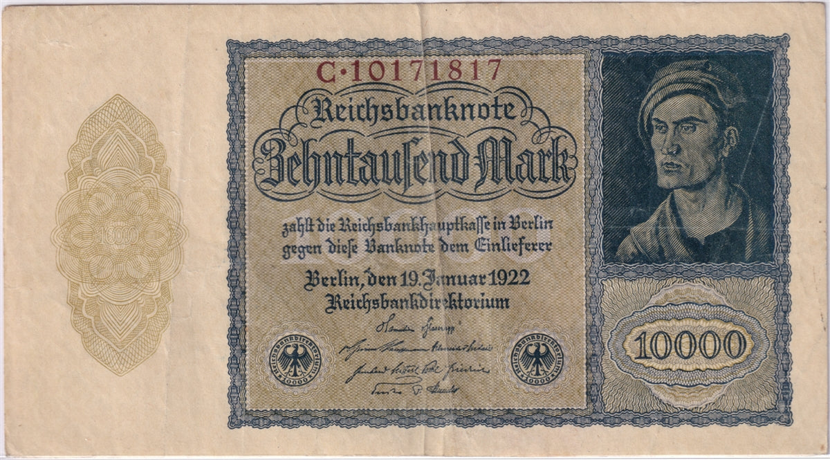 Germany 1922 10,000 Mark Note, Pick #72, VF-EF (holes)