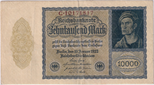 Germany 1922 10,000 Mark Note, Pick #72, VF-EF (holes)