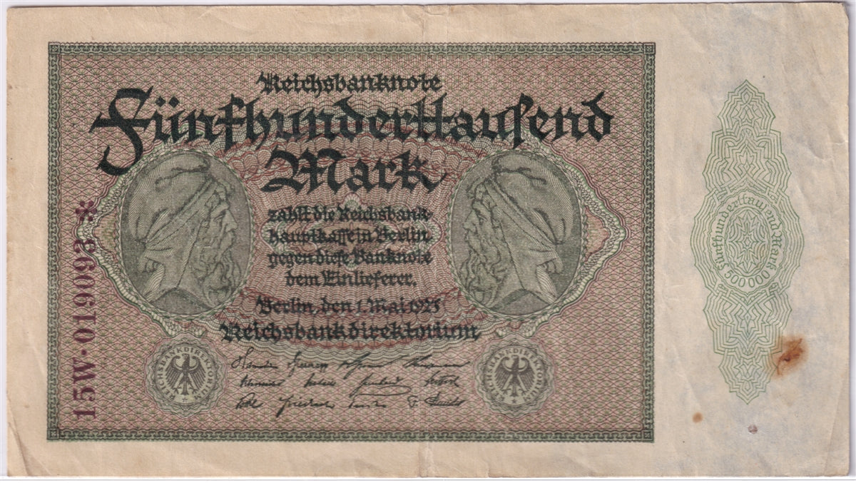 Germany 1923 500,000 Mark Note, Pick #88b, VF (stain)
