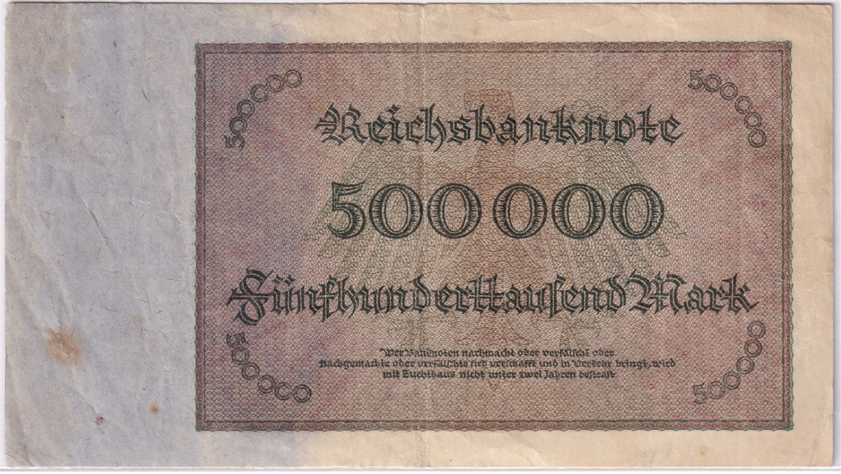 Germany 1923 500,000 Mark Note, Pick #88b, VF (stain)
