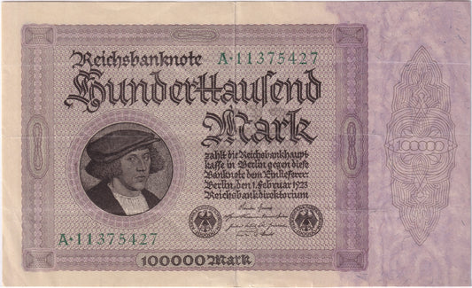 Germany 1923 100,000 Mark Note, Pick #83a, VF-EF (impaired)