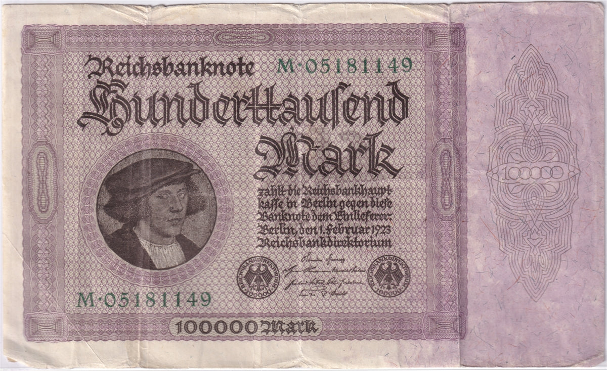 Germany 1923 100,000 Mark Note, Pick #83a, F-VF (tears)