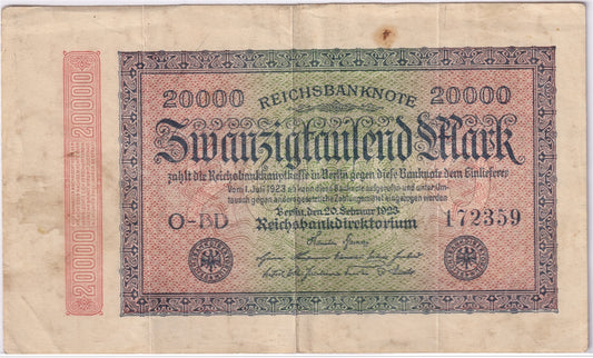 Germany 1923 20,000 Mark Note, Pick #85b, VF-EF (stain)