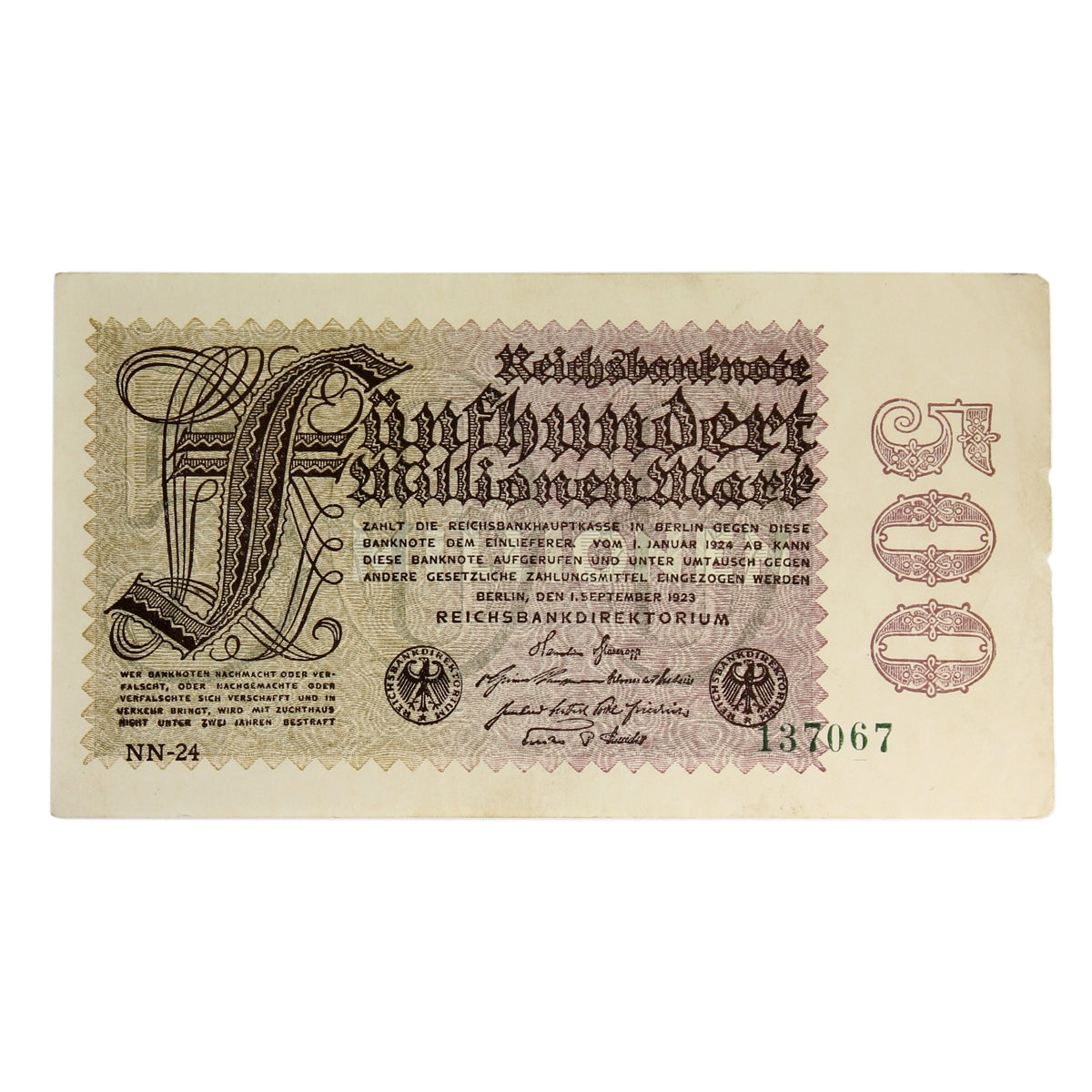 Germany 1923 500 Million Mark Note, Pick #110e, AU
