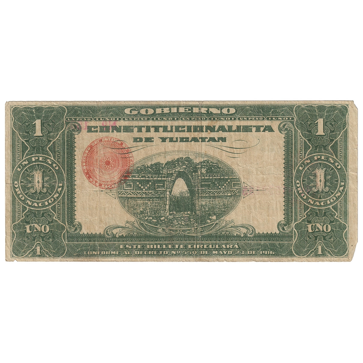 Mexico - Revolutionary 1916 1 Peso Note, Pick #1135, F-VF