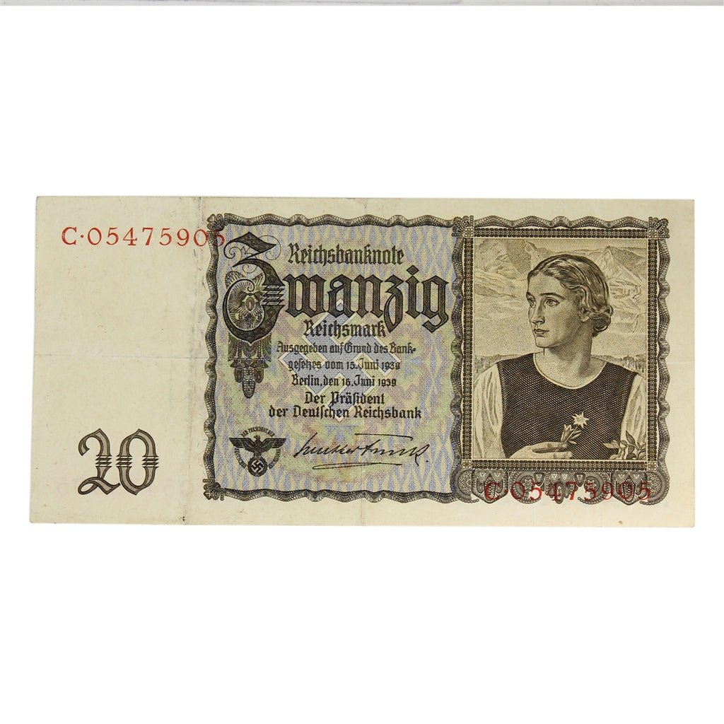 Germany 1939 20 Reichsmark Note, Pick #185, VF