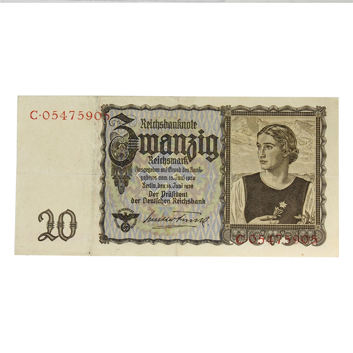 Germany 1939 20 Reichsmark Note, Pick #185, VF