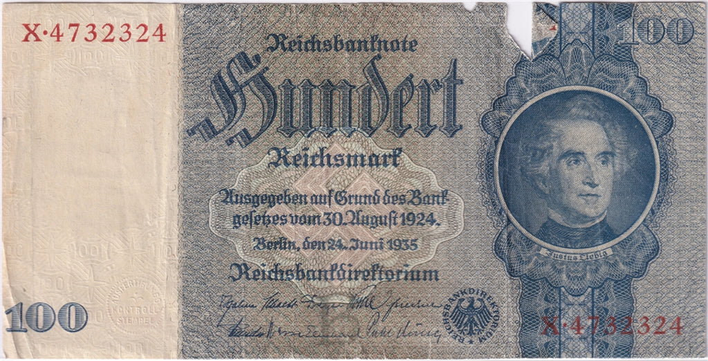 Germany 1935 100 Reichsmark Note, Pick #183a, VF (tears)