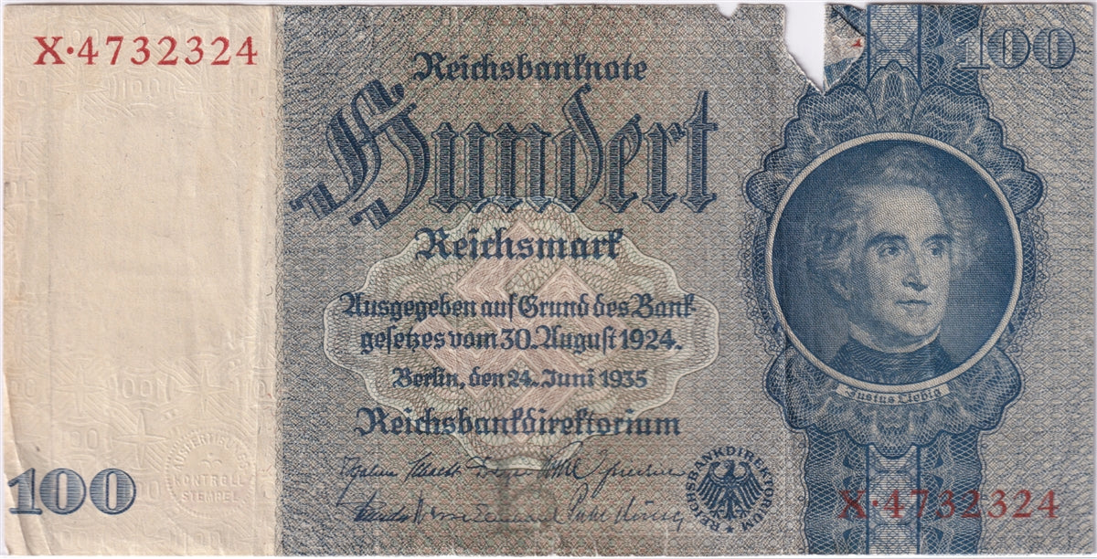 Germany 1935 100 Reichsmark Note, Pick #183a, VF (tears)