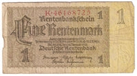 Germany 1937 1 Rentenmark Note, 8 Digit, VG