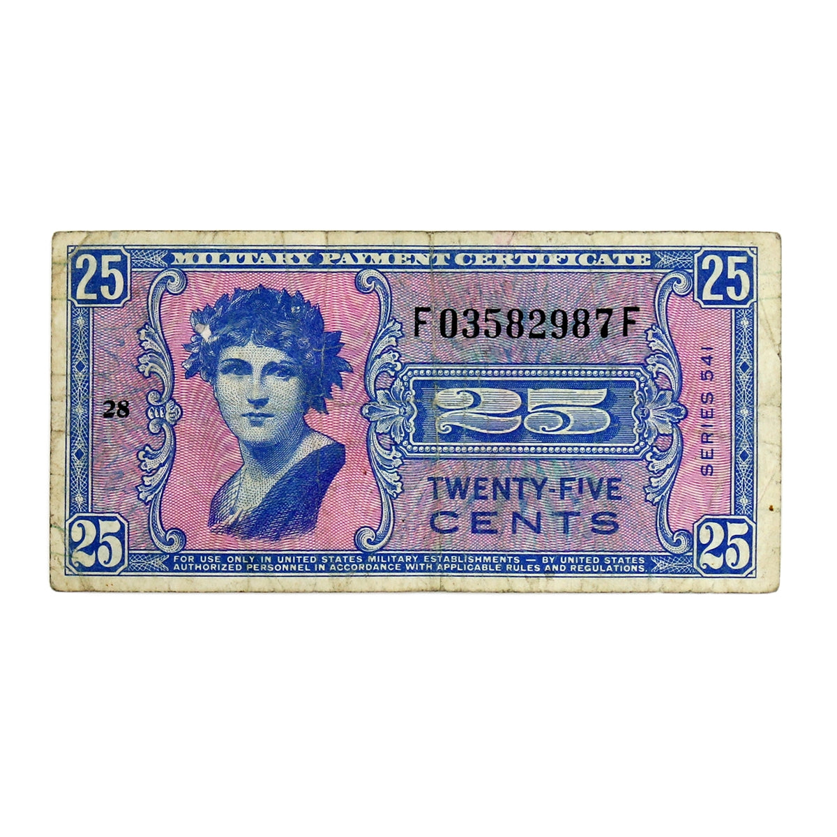 USA 1958 25 Cent Military Payment Certificate, Pick #M38, Series 541, F
