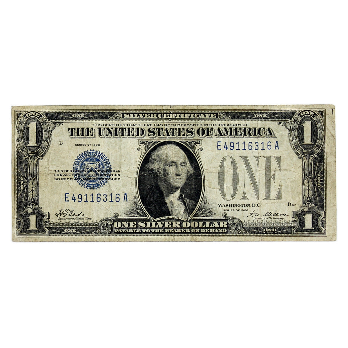 USA 1928 $1 Note, FR #1600, Tate-Mellon, Silver Certificate, F