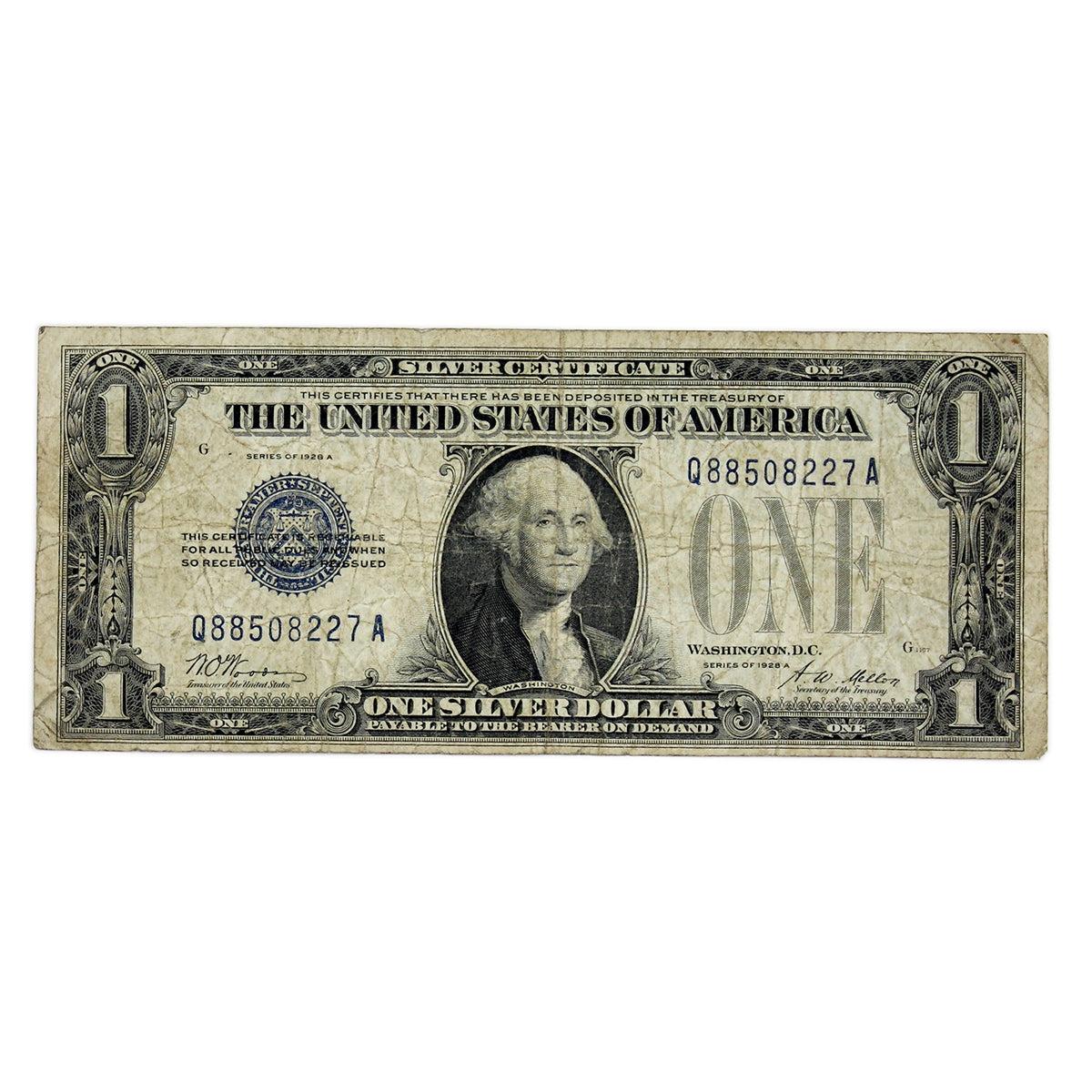 USA 1928A $1 Note, FR #1601, Woods-Mellon, Silver Certificate, VG-F
