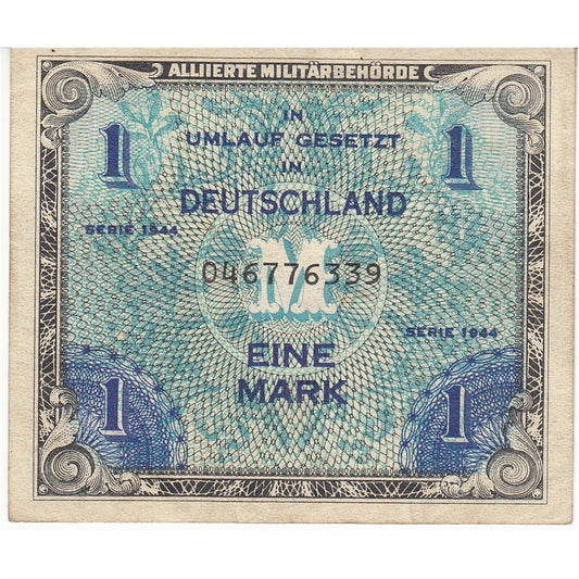 Germany 1944 1 Mark Note, Pick #192a, 9 Digit with F, AU