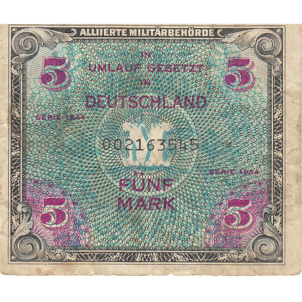 Germany 1944 5 Mark Note, 9 Digit with F, VF (tear)