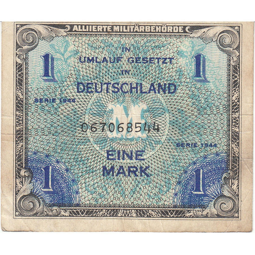 Germany 1944 1 Mark Note, Pick #192a, 9 Digit with F, VF-EF