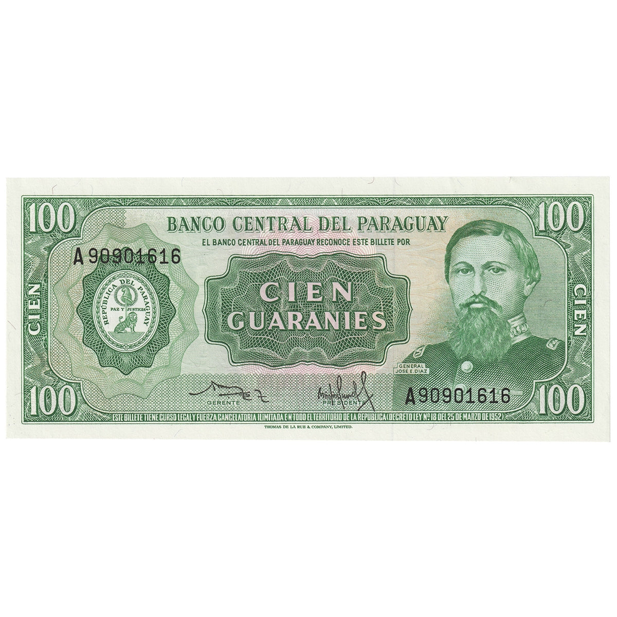 Paraguay L. 1952 100 Guaranies, Pick #199, UNC