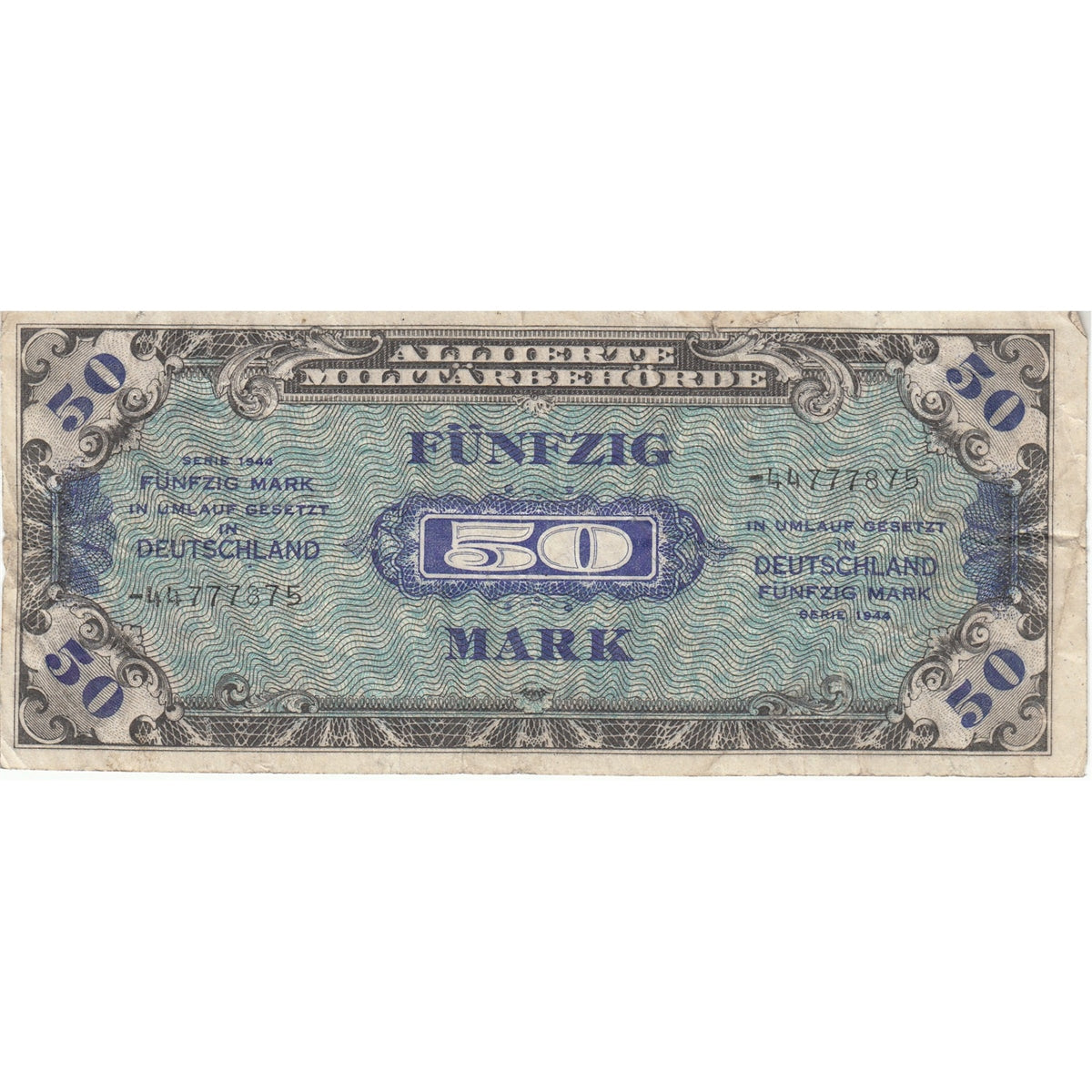 Germany 1944 50 Mark Note, 8 Digit without F, VF (tears)