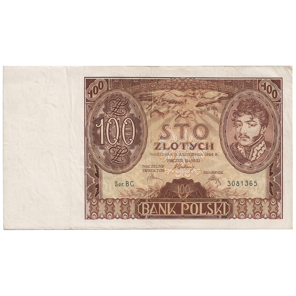 Poland 1934 100 Zlotych Note, Pick #75b, VF