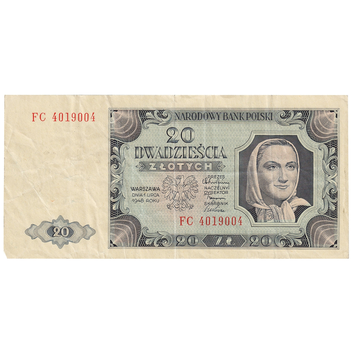 Poland 1948 20 Zlotych Note, Pick #137, VF