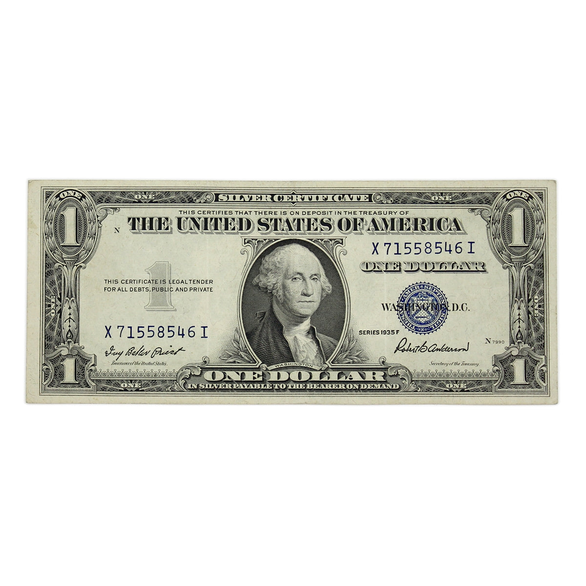 USA 1935F $1 Note, FR #1615, Priest-Anderson, Silver Certificate, F-VF