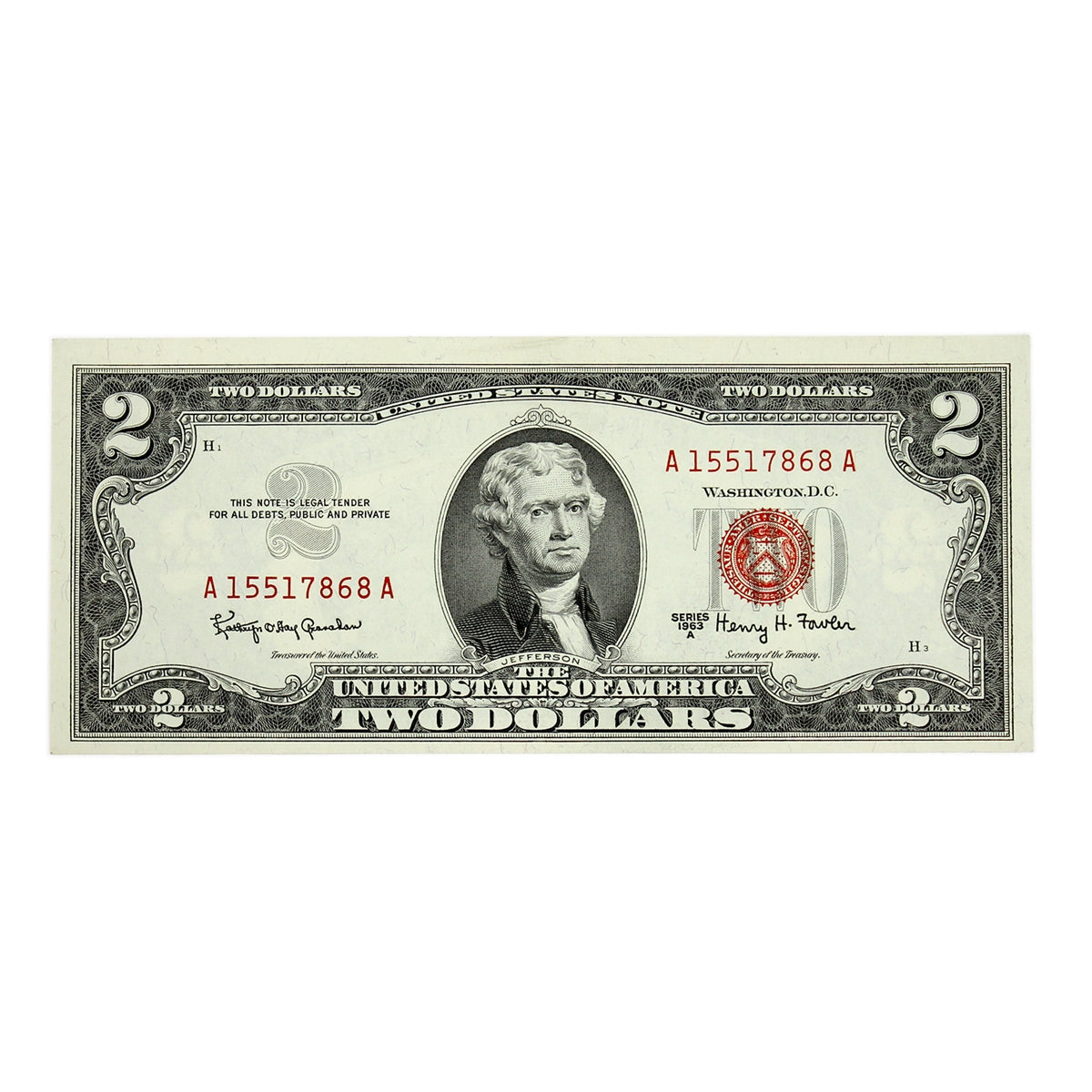 USA 1963A $2 Note, FR #1514, Grahahan-Dowler, AU-UNC