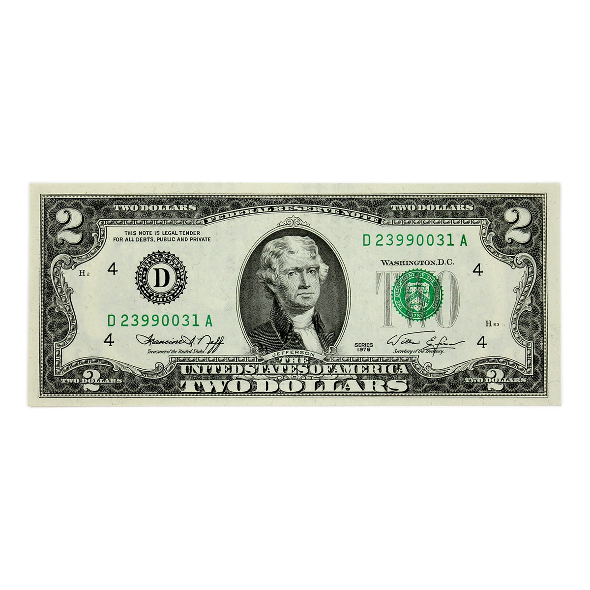 USA 1976 $2 Note, FR #1935D, Neff-Simon, Cleveland, CUNC