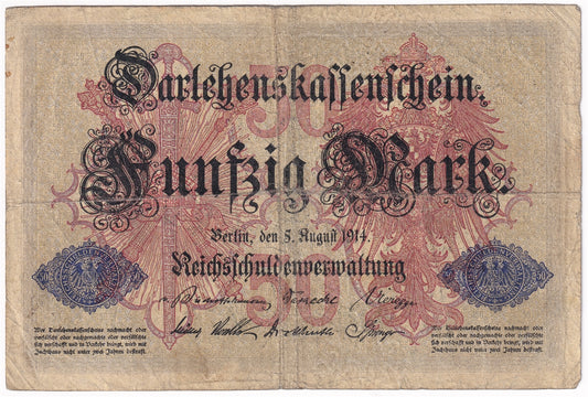 Germany 1914 50 Mark Note, Pick #49a 6 Digit, VG