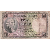 Iceland 1948-56 5 Kronur Note, Pick #32a F