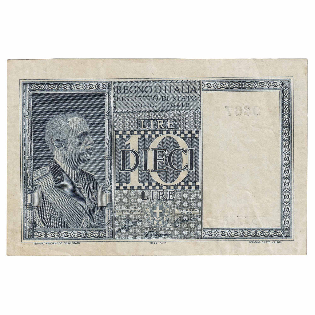 Italy 1938 10 Lire Note, Pick $25b, EF