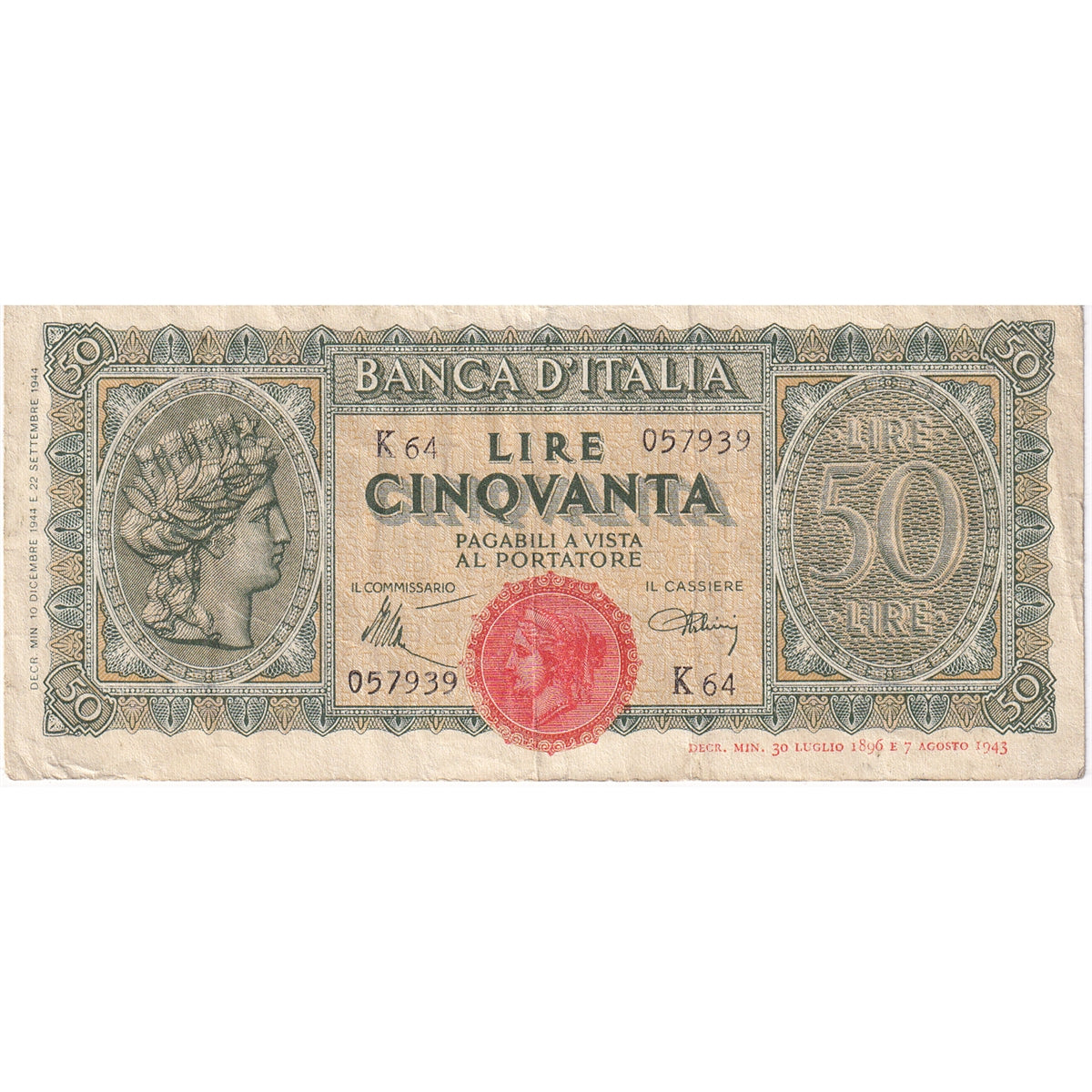 Italy Note 1944 50 Lire, VF