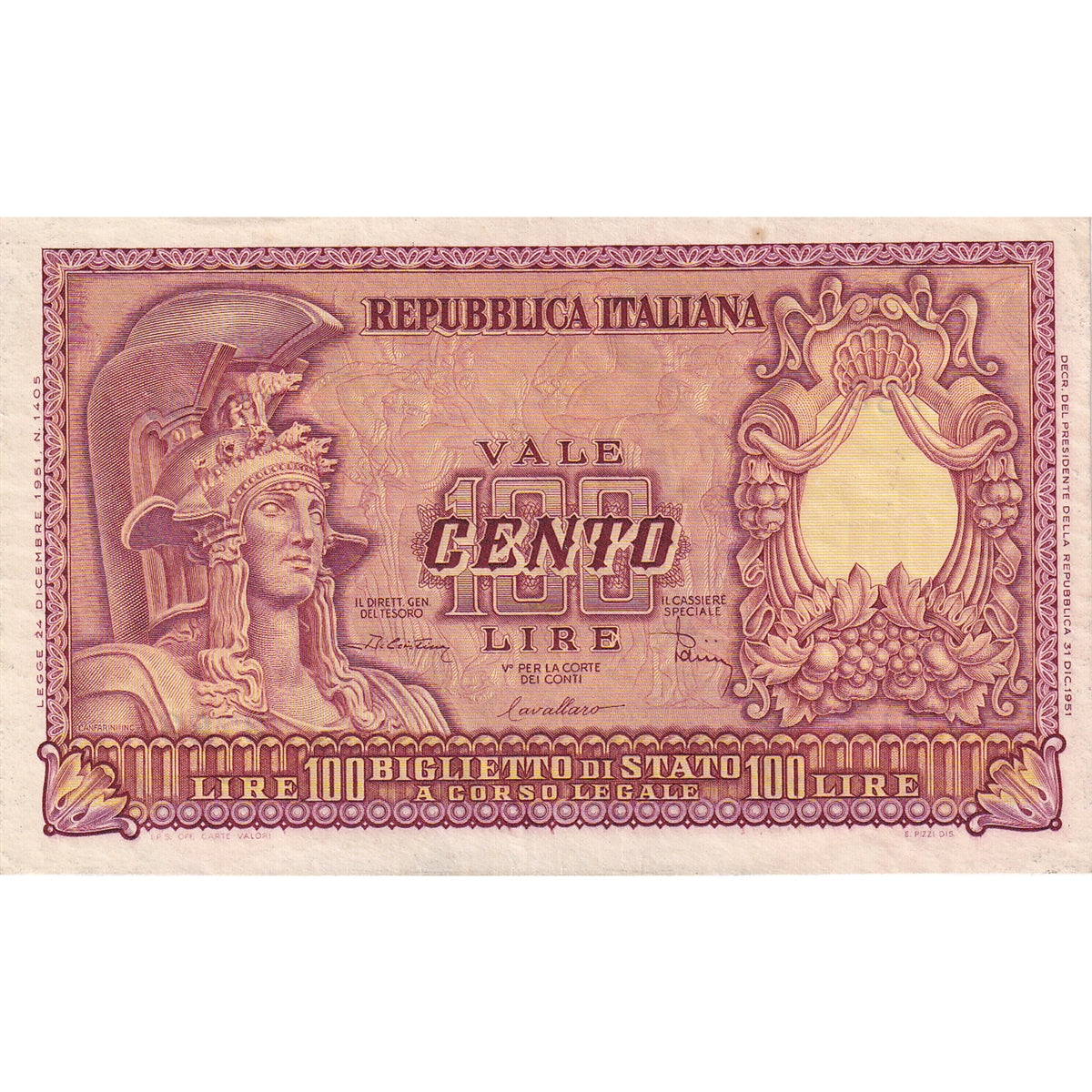 Italy Note 1951 100 Lire, Parisi, AU