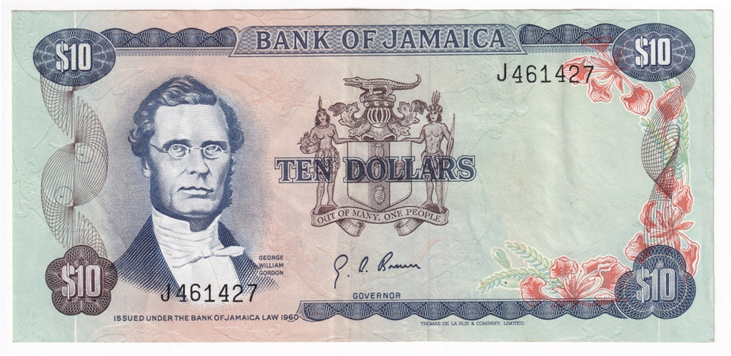 Jamaica Note 1960 10 Dollars, VF-EF