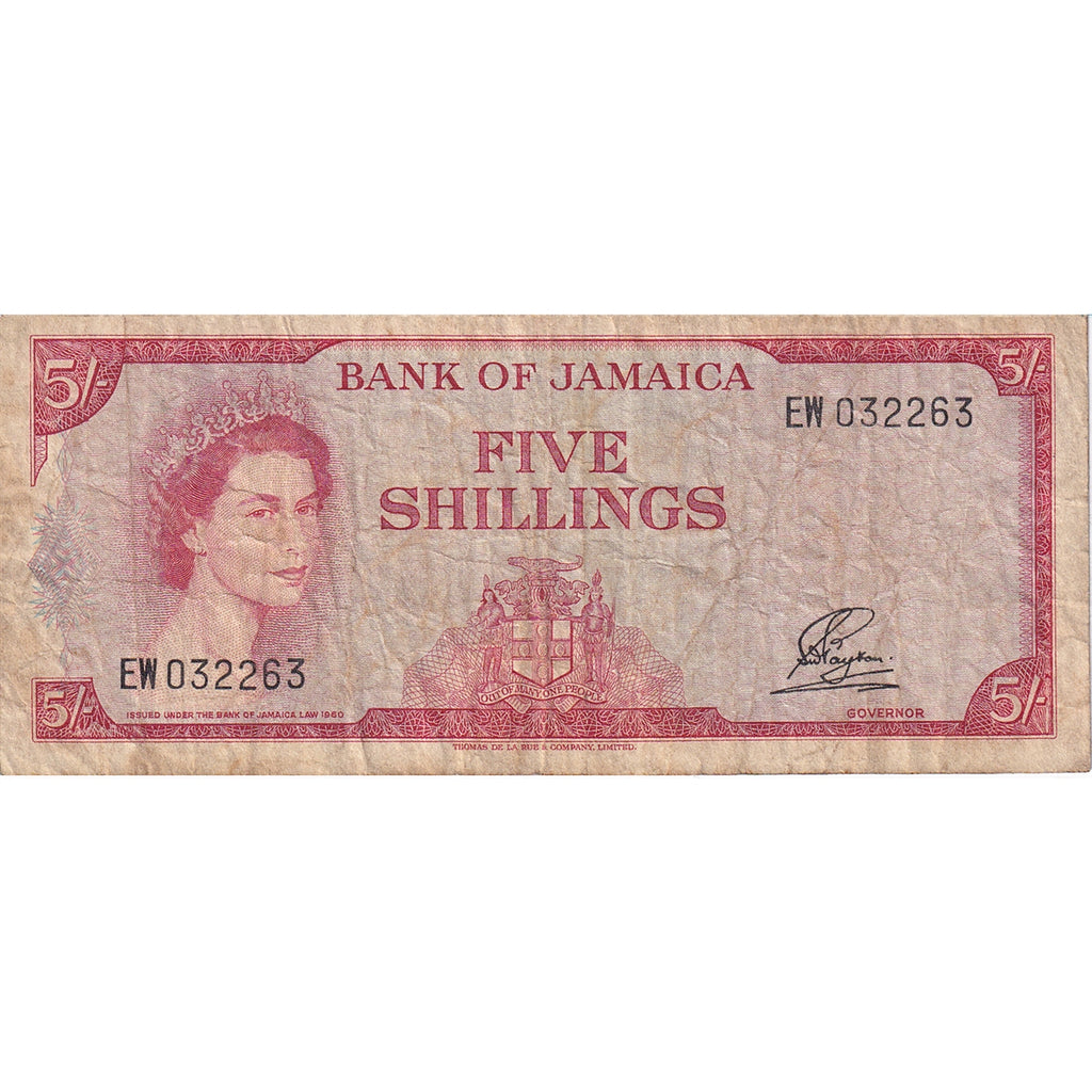 Jamaica Note 1964 5 Shillings, Signature 1 Gothic, VF