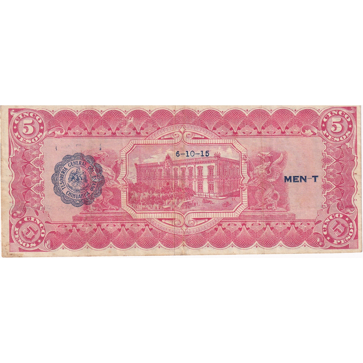 Mexico Note 1915 5 Pesos, VF-EF
