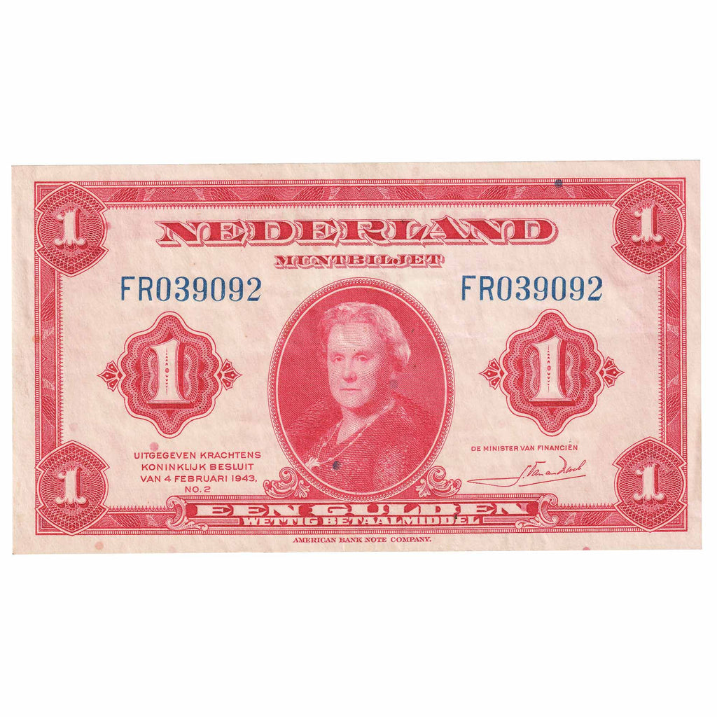 Netherlands 1943 1 Gulden Note, Pick #64a, EF