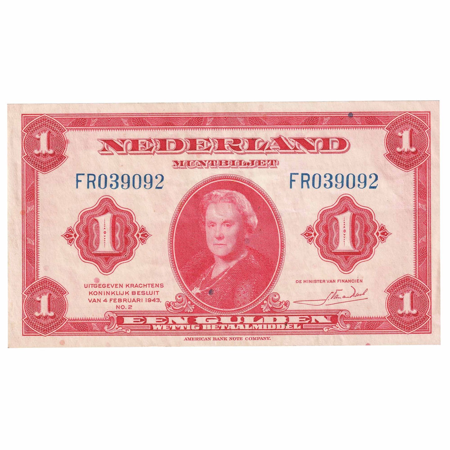 Netherlands 1943 1 Gulden Note, Pick #64a, EF